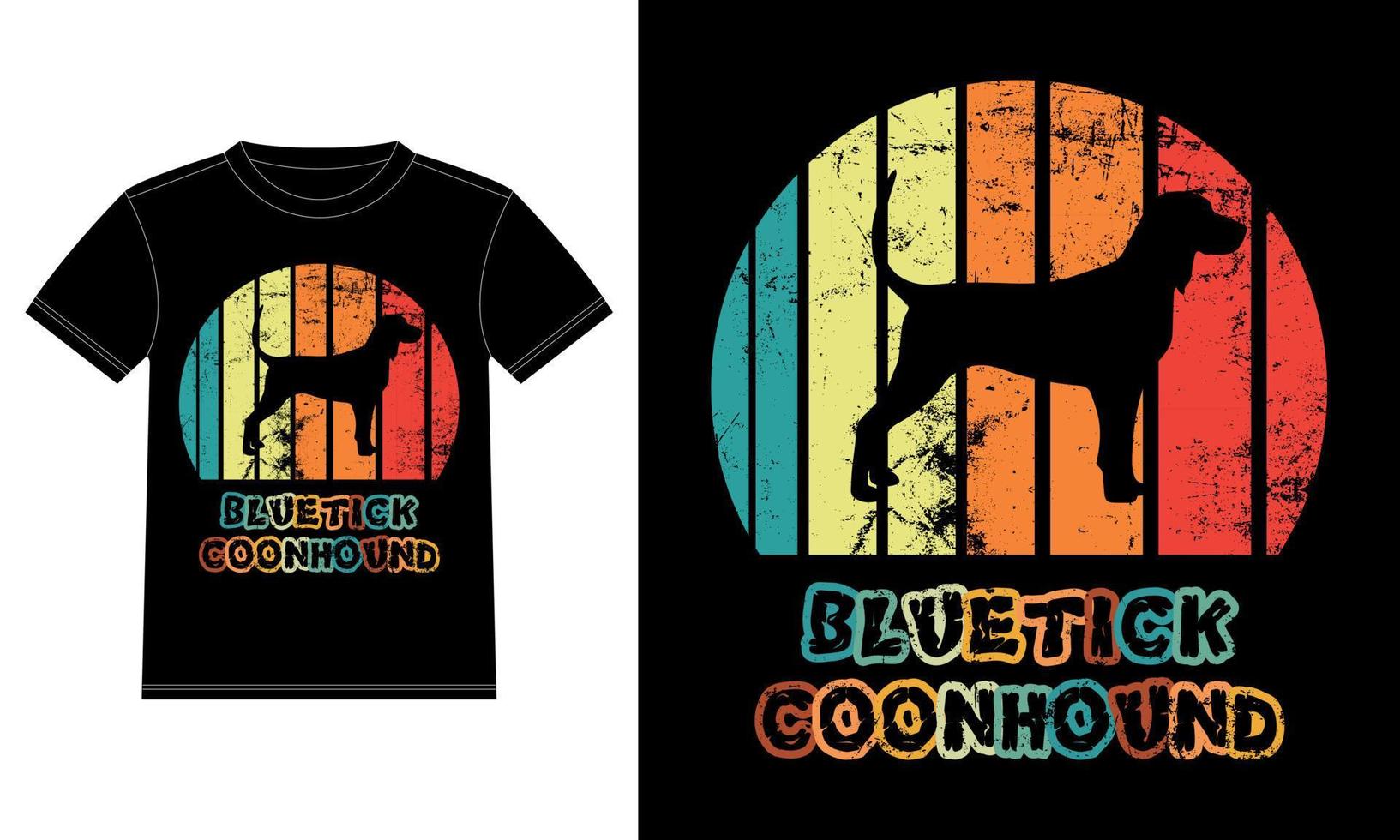 lustige bluetick coonhound retro vintage sonnenuntergang t-shirt designvorlage, bluetick coonhound an bord, autofensteraufkleber, pod, cover, isolierter weißer hintergrund, silhouette geschenk für bluetick liebhaber vektor