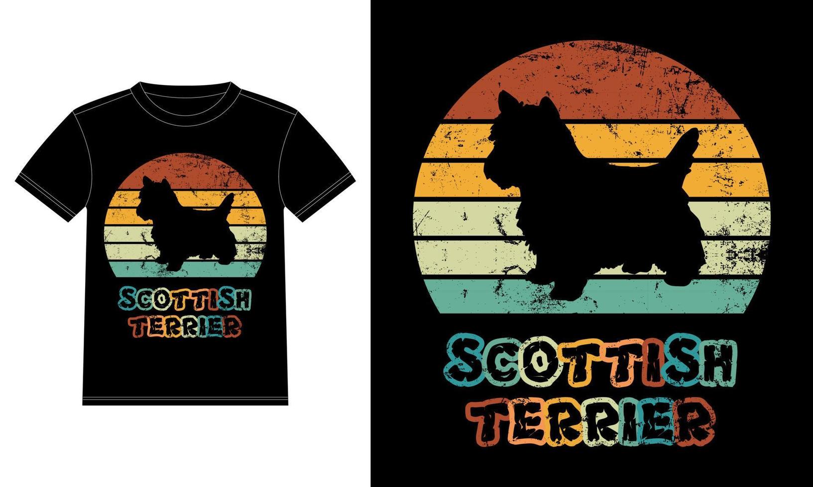rolig skotsk terrier retro vintage solnedgång t-shirt designmall, skotsk terrierbräda, bilfönsterklistermärke, pod, lock, isolerad vit bakgrund, siluettpresent till skotsk terrierälskare vektor
