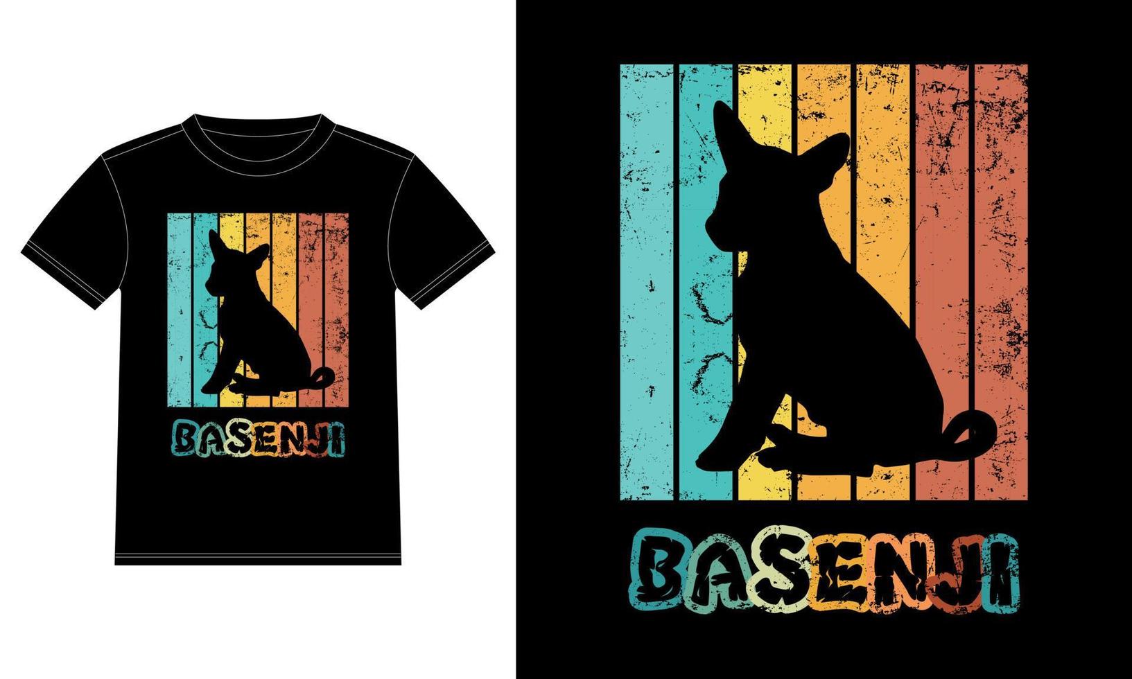 rolig basenji retro vintage solnedgång t-shirt designmall, basenji board, bilfönster klistermärke, pod, lock, isolerad vit bakgrund, siluett present till basenji älskare vektor