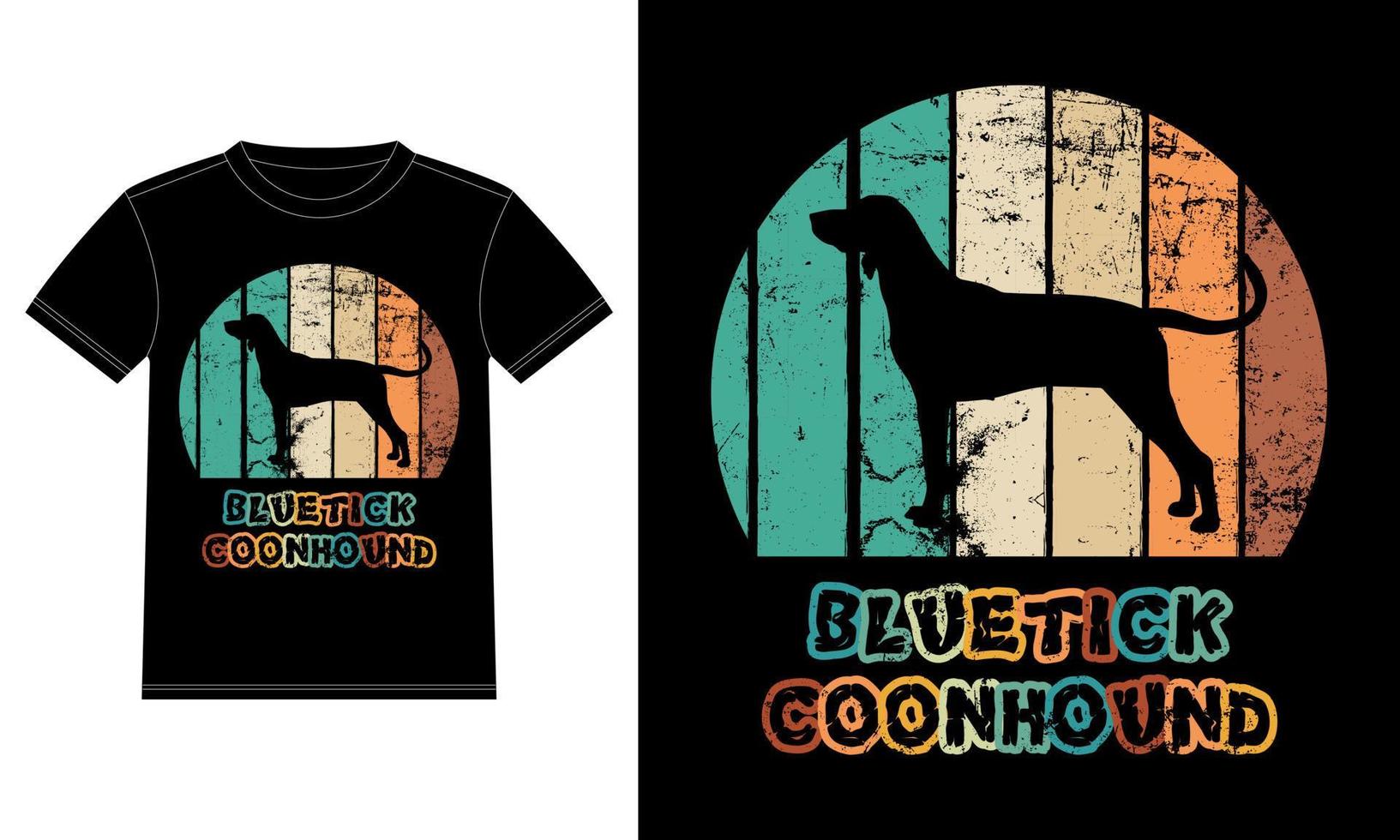 lustige bluetick coonhound retro vintage sonnenuntergang t-shirt designvorlage, bluetick coonhound an bord, autofensteraufkleber, pod, cover, isolierter weißer hintergrund, silhouette geschenk für bluetick liebhaber vektor