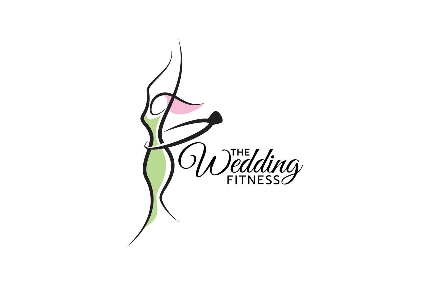 bröllop fitness-logotyp med en kombination av en kvinna med vacker kropp som bär en vigselring som en rockring. vektor