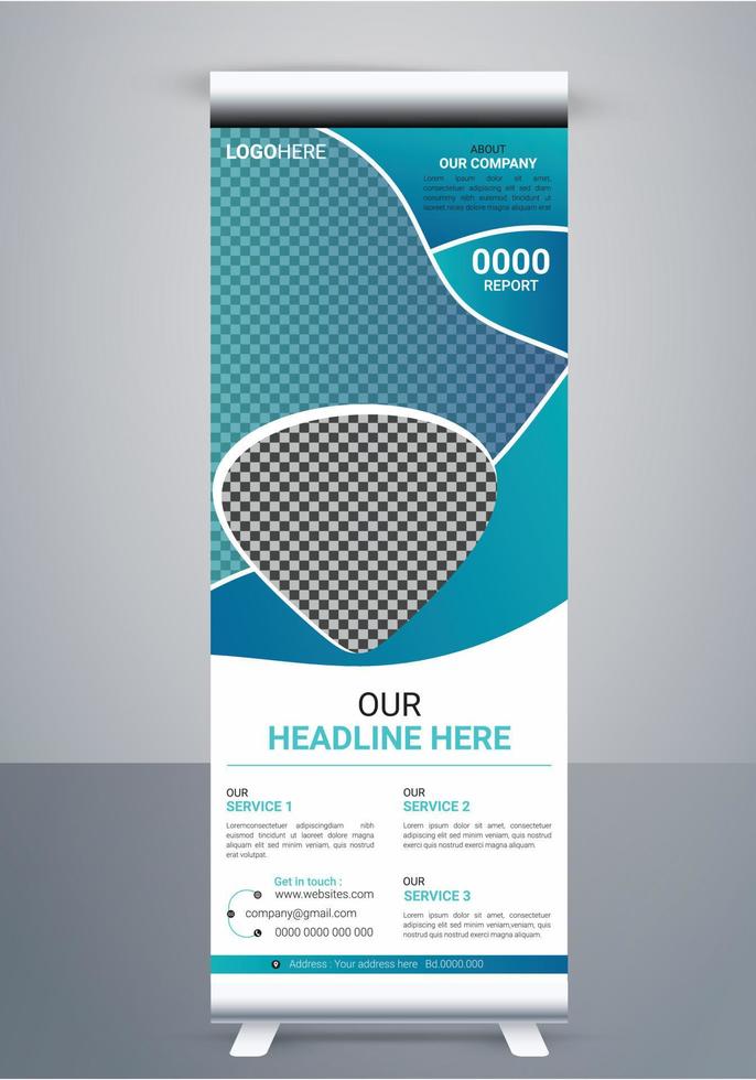 kreatives Business-Roll-Up-Banner-Stand-Template-Design, Business-Roll-Up-Set. Standee-Design. Banner-Vorlage, abstrakter blauer geometrischer Dreieck-Hintergrundvektor, Flyer, Präsentation, vektor