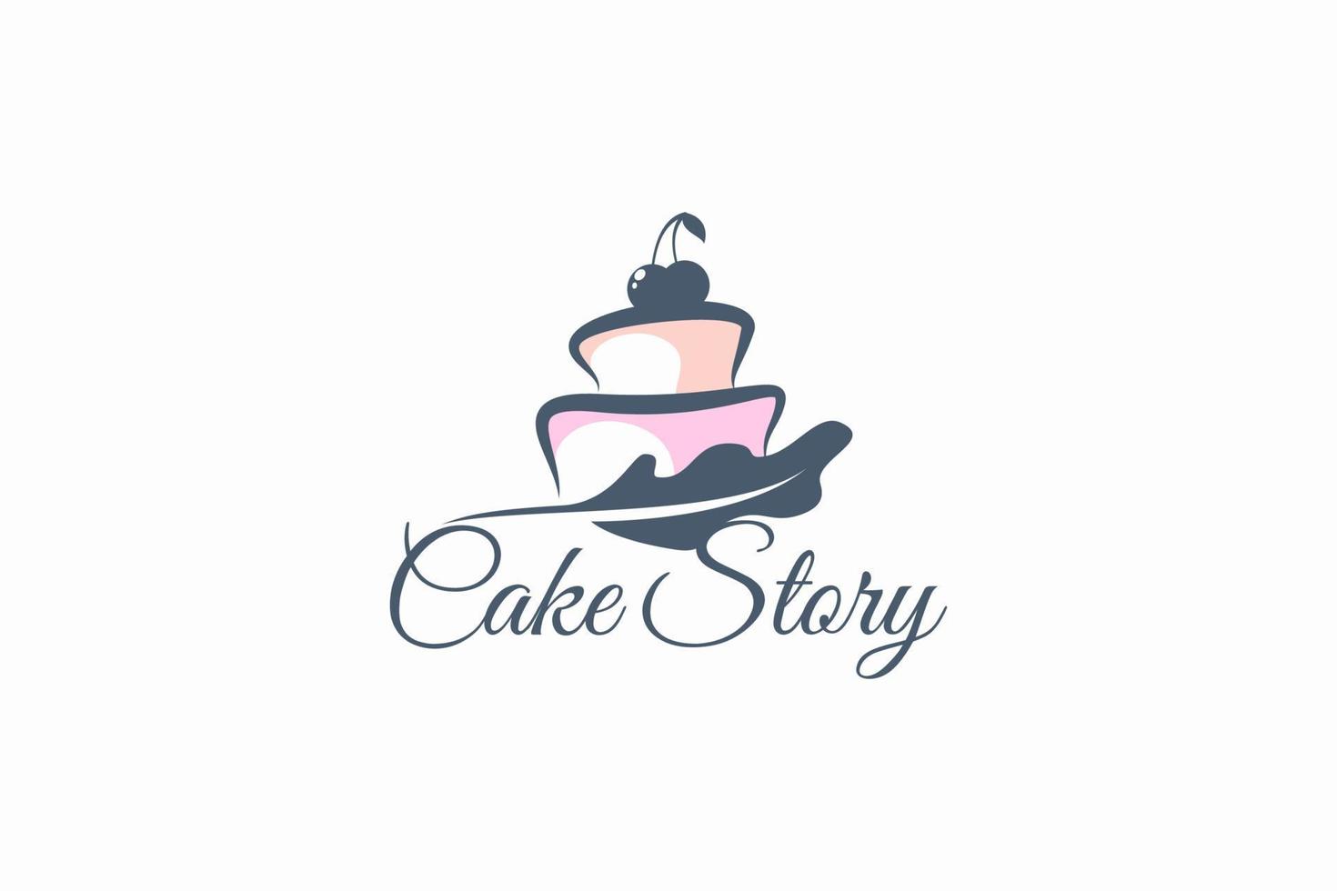 Cake Story Logo mit einer Kombination aus Torte und Federstift. vektor