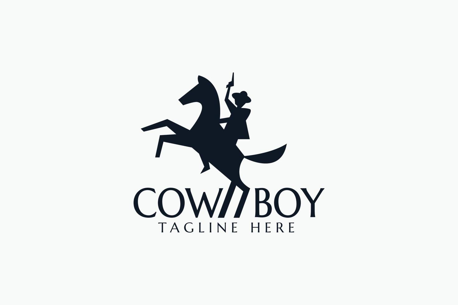 Printcowboy-Logo mit einem Mann, der auf einem Pferd reitet und eine Waffe trägt. vektor