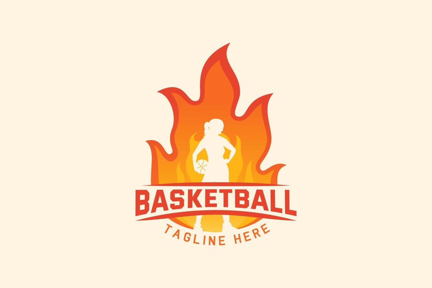 Basketball-Logo mit einer Frau, die den Ball im Feuer hält, für jedes Geschäft, insbesondere für Basketballspiele, Clubs, Teams, Spiele usw. vektor