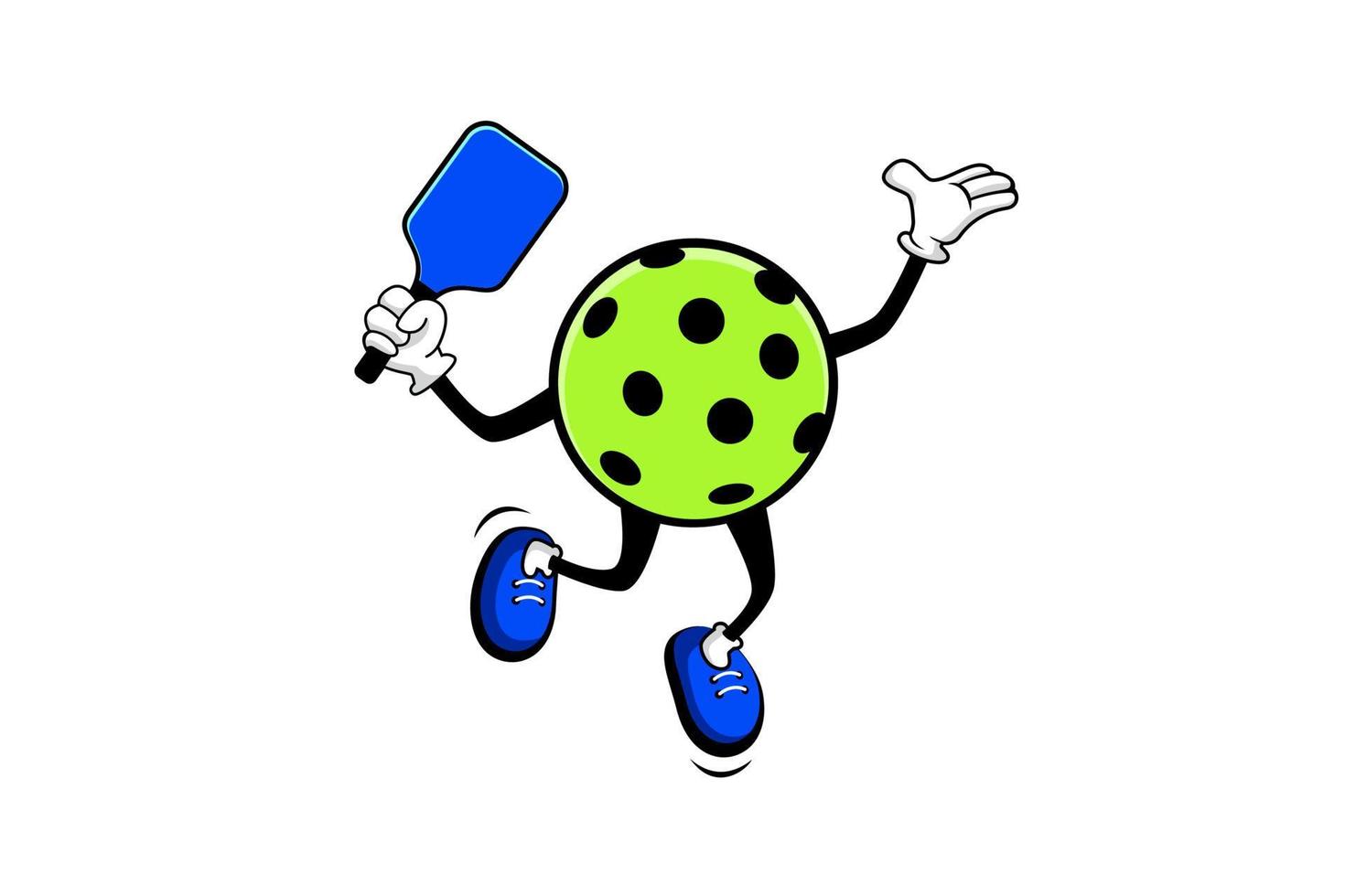 Pickleball-Logo mit Zeichentrickfigur in Sprung- oder Smash-Position, für jedes Unternehmen, das insbesondere ein Logo, Poster, Flyer, Aufkleber, Memes usw. herstellt. vektor