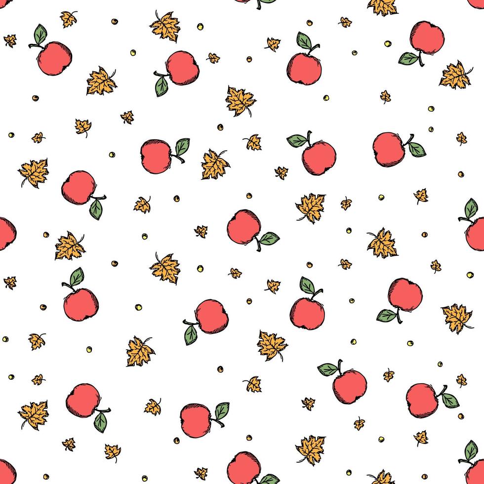 Nahtloses Herbstmuster mit Äpfeln und Blättern. rote Äpfel und Ahornblätter Hintergrund. Apfelmuster vektor
