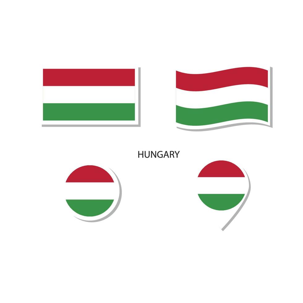 Ungarn-Flaggen-Logo-Icon-Set, rechteckige flache Symbole, kreisförmige Form, Markierung mit Fahnen. vektor