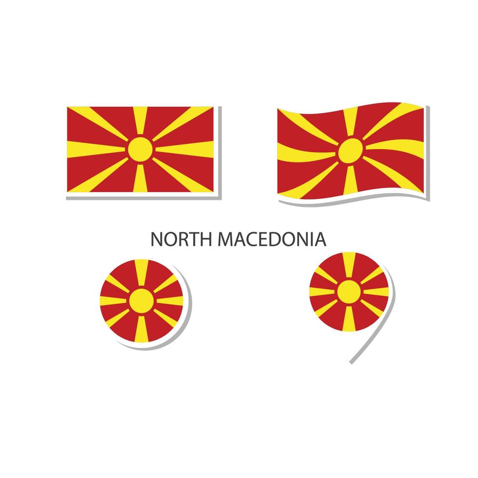 norra makedonien flagga logotyp Ikonuppsättning, rektangel platta ikoner, cirkulär form, markör med flaggor. vektor