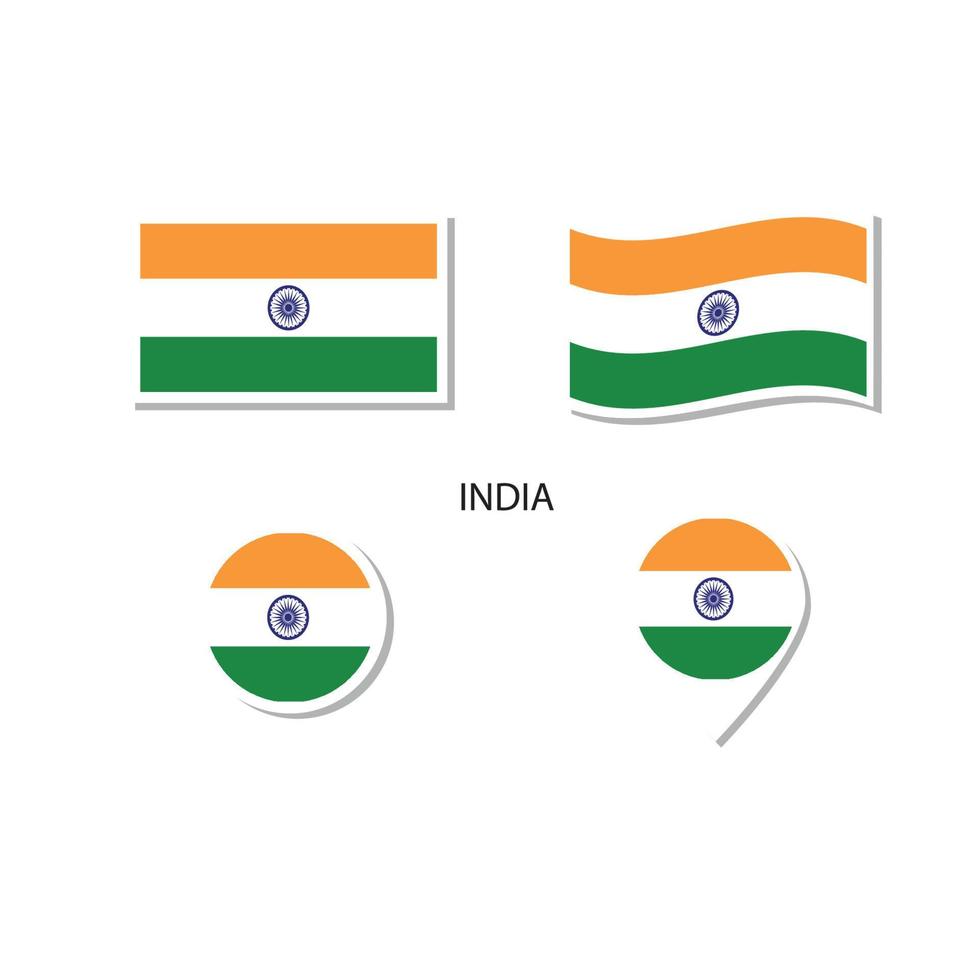 Indien-Flaggen-Logo-Icon-Set, rechteckige flache Symbole, kreisförmige Form, Markierung mit Fahnen. vektor