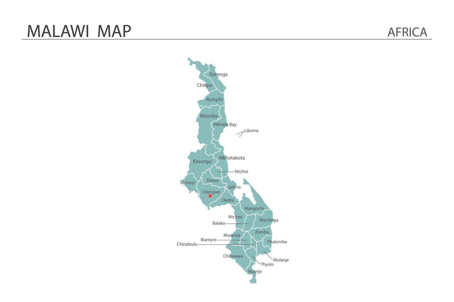 malawi karta vektorillustration på vit bakgrund. karta har alla provinser och markera huvudstaden i malawi. vektor