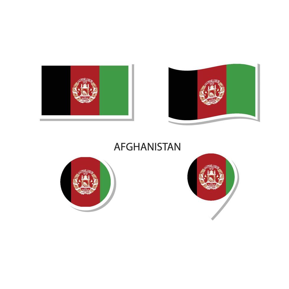 afghanistan-flaggenlogo-ikonensatz, rechteckige flache ikonen, kreisförmige form, markierung mit flaggen. vektor