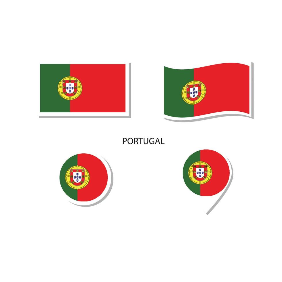 Portugal-Flaggen-Logo-Icon-Set, rechteckige flache Symbole, kreisförmige Form, Markierung mit Fahnen. vektor