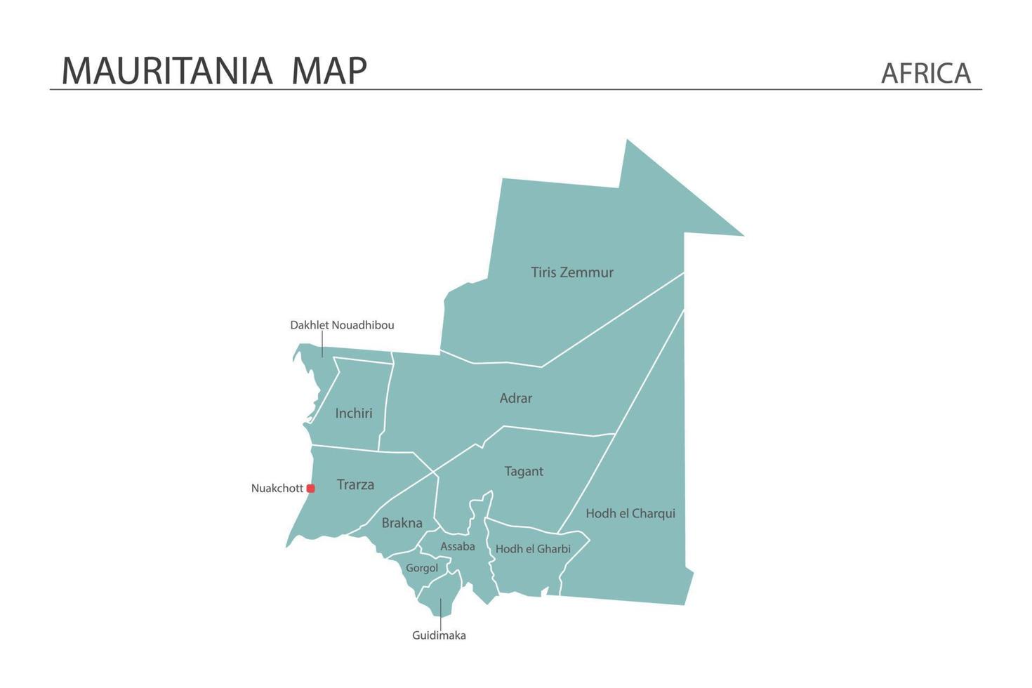 Mauretanien-Kartenvektorillustration auf weißem Hintergrund. Karte haben alle Provinzen und markieren die Hauptstadt von Mauretanien. vektor