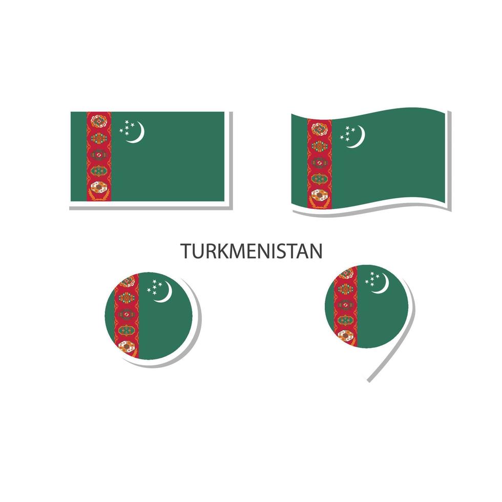 turkmenistan flagga logotyp ikonuppsättning, rektangel platta ikoner, cirkulär form, markör med flaggor. vektor
