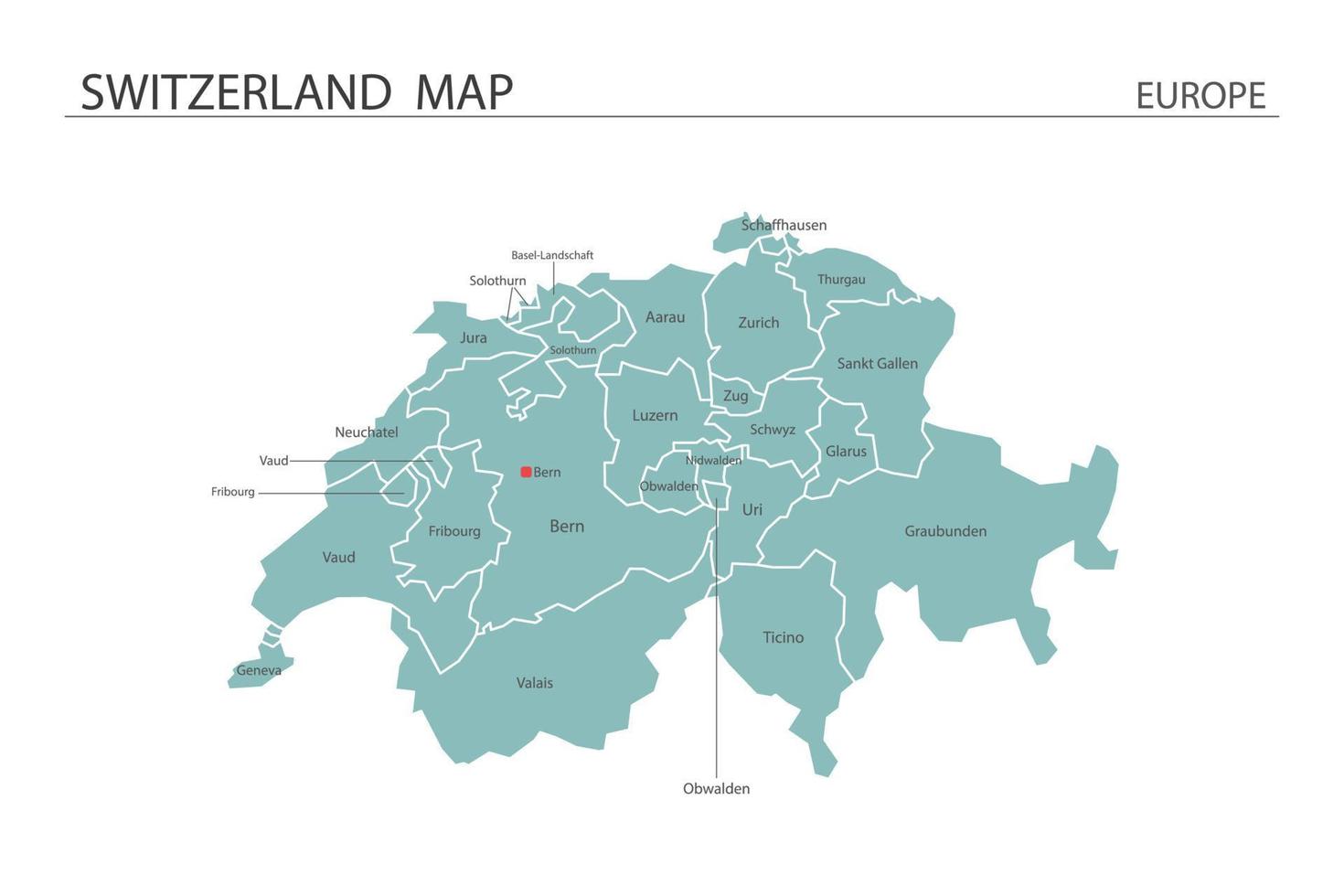 schweizer kartenvektor auf weißem hintergrund. karte hat alle provinzen und markiert die hauptstadt der schweiz. vektor