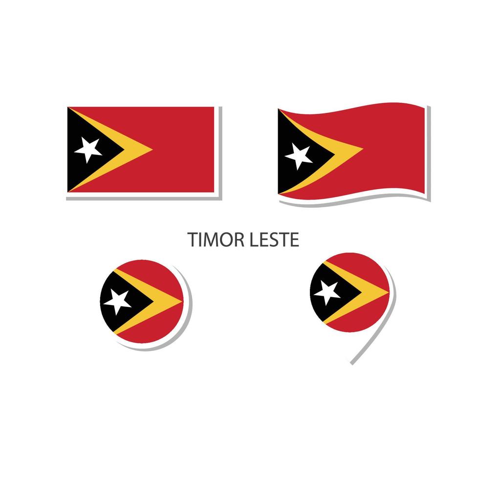 Timor-Leste-Flaggen-Logo-Icon-Set, rechteckige flache Symbole, kreisförmige Form, Markierung mit Fahnen. vektor