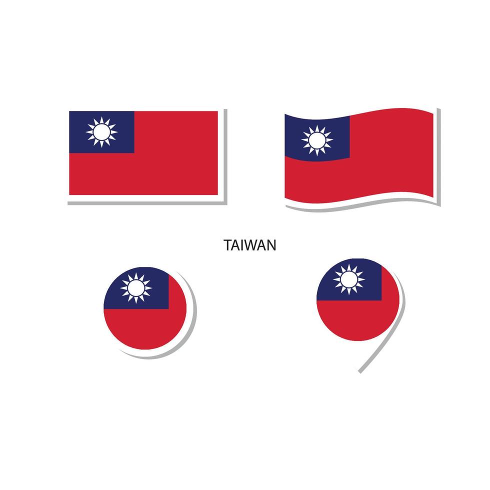 Taiwan flagga logotyp ikonuppsättning, rektangel platta ikoner, cirkulär form, markör med flaggor. vektor