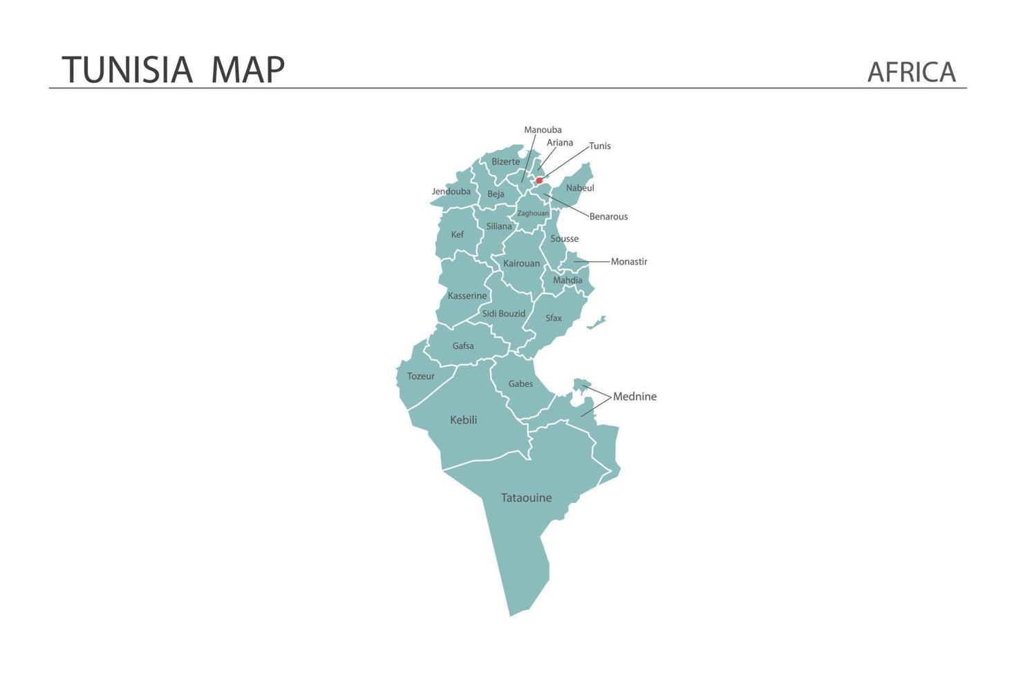 tunisien karta vektorillustration på vit bakgrund. karta har alla provinser och markera huvudstaden i Tunisien. vektor