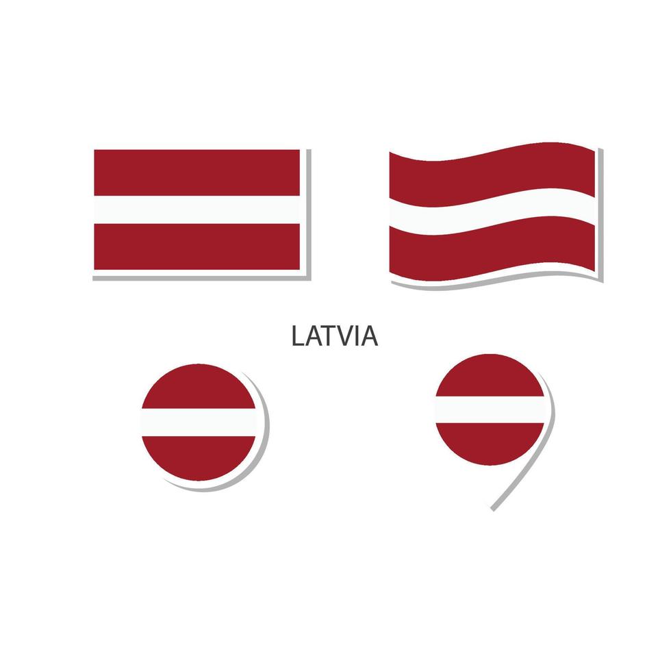 Lettland flagga logotyp Ikonuppsättning, rektangel platta ikoner, cirkulär form, markör med flaggor. vektor