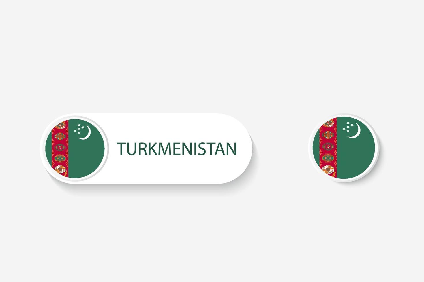 turkmenistan-knopfflagge in der illustration des ovalen geformt mit wort von turkmenistan. und Knopfflagge turkmenistan. vektor