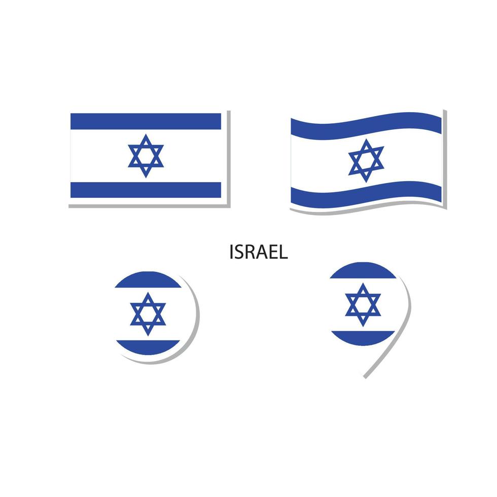 israel flag logo icon set, rechteckige flache symbole, kreisförmige form, marker mit fahnen. vektor