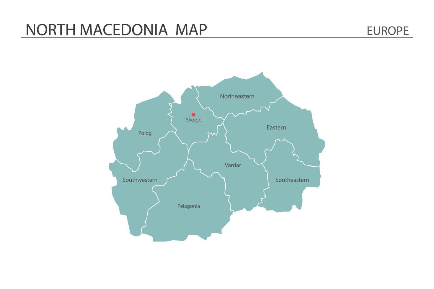 nordmazedonien kartenvektor auf weißem hintergrund. Karte hat alle Provinzen und markiert die Hauptstadt von Nordmazedonien. vektor