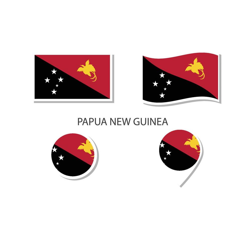 Papua Nya Guinea flagga logotyp ikonuppsättning, rektangel platta ikoner, cirkulär form, markör med flaggor. vektor