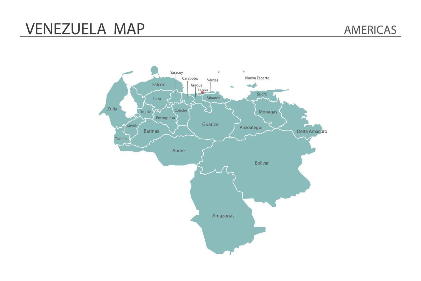 Venezuela-Kartenvektorillustration auf weißem Hintergrund. Karte haben alle Provinzen und markieren die Hauptstadt von Venezuela. vektor