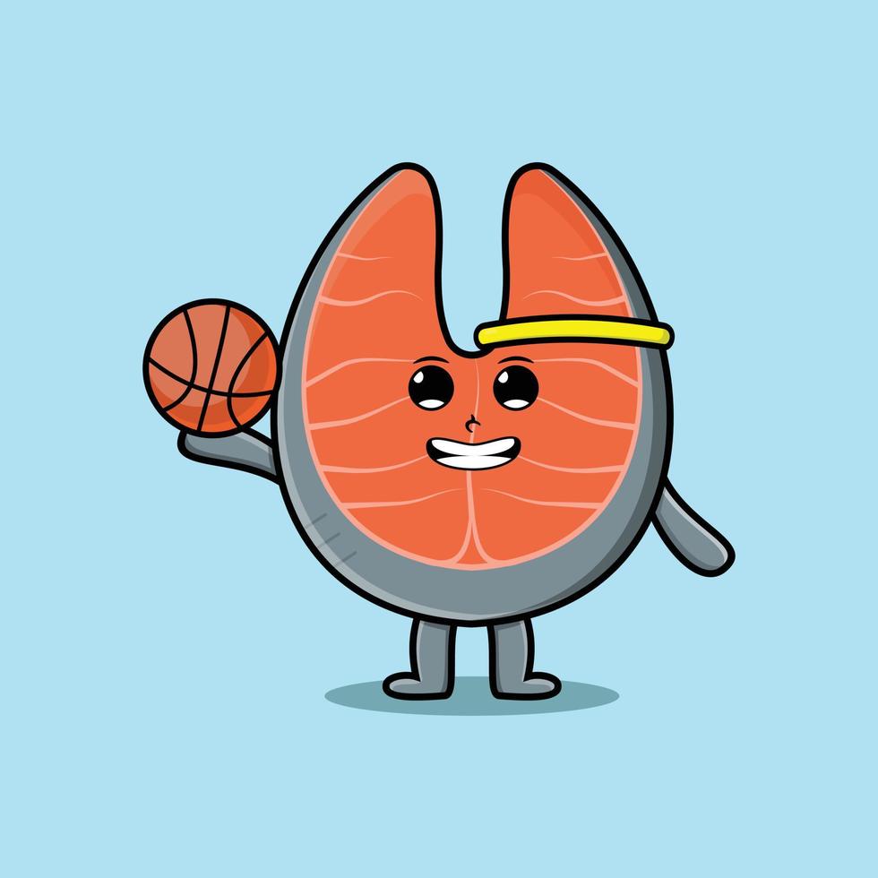 süßer Cartoon frischer Lachs, der Basketball spielt vektor