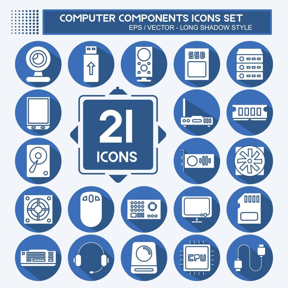 ikonuppsättning datorkomponenter. lämplig för utbildning symbol. lång skugga stil. enkel design redigerbar. designmall vektor. enkel illustration vektor