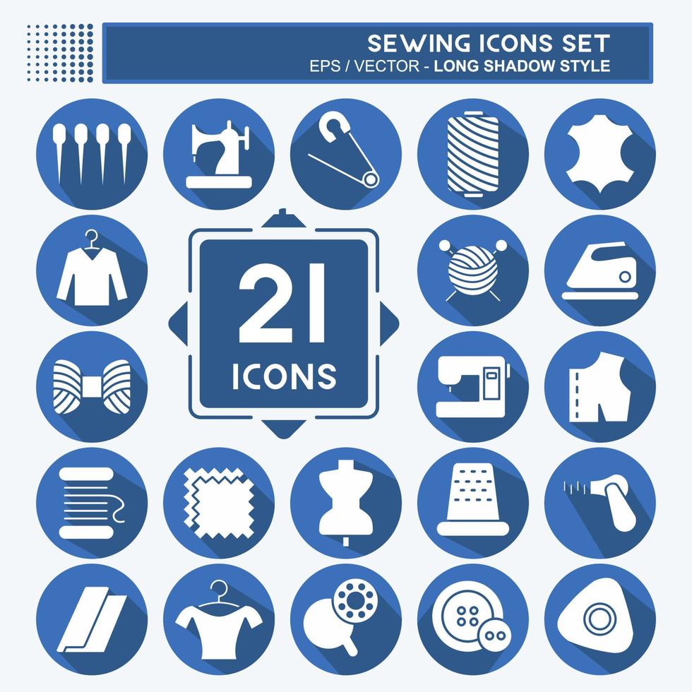 Icon-Set Nähen. geeignet für Bildungssymbol. langer Schattenstil. einfaches Design editierbar. Design-Vorlagenvektor. einfache Abbildung vektor