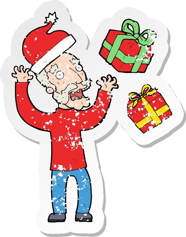 retro nödställd klistermärke av en tecknad gammal man som stressar över julen vektor