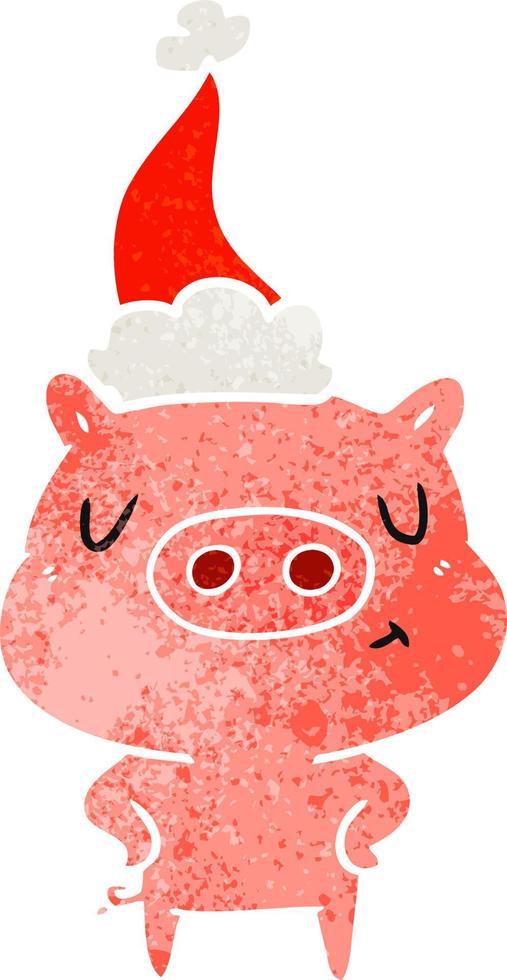Retro-Karikatur eines zufriedenen Schweins mit Weihnachtsmütze vektor