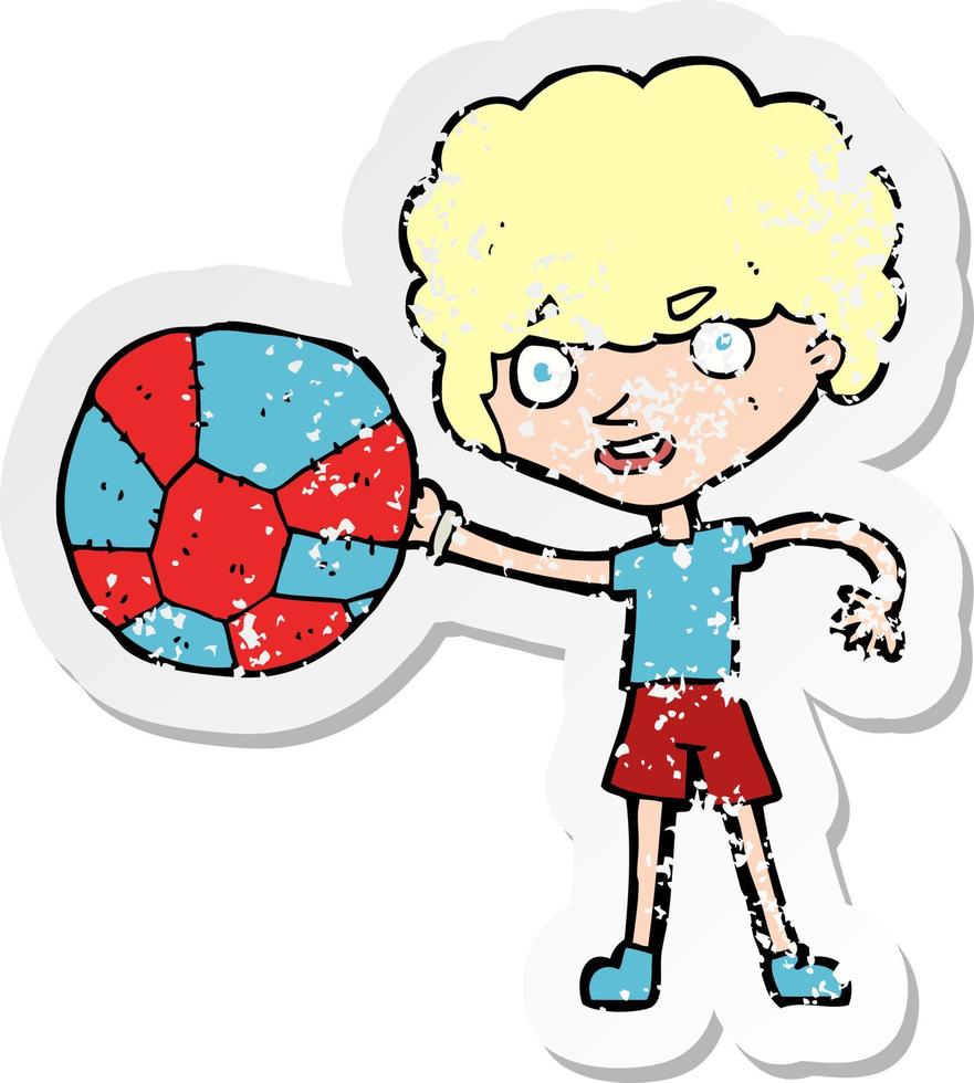 retro nödställd klistermärke av en tecknad pojke och boll vektor
