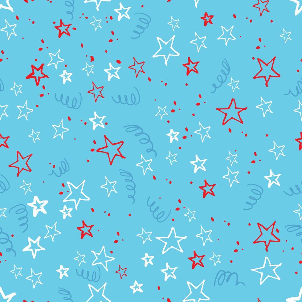 Nahtloses Vektormuster mit weißen und roten Sternen, Punkten und Serpentinen auf blauem Hintergrund. guter Druck für Geschenkpapier und Verpackungsdesign vektor