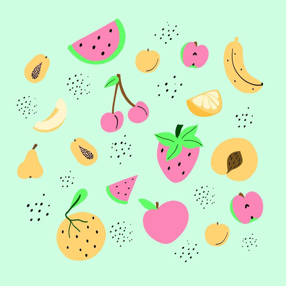 Illustration von Doodle-Früchten. natürliche tropische Frucht. handgezeichneter apfel, birne, pfirsich, banane, erdbeere, orange. Zeichnungen für Poster, Karten oder Hintergrund vektor