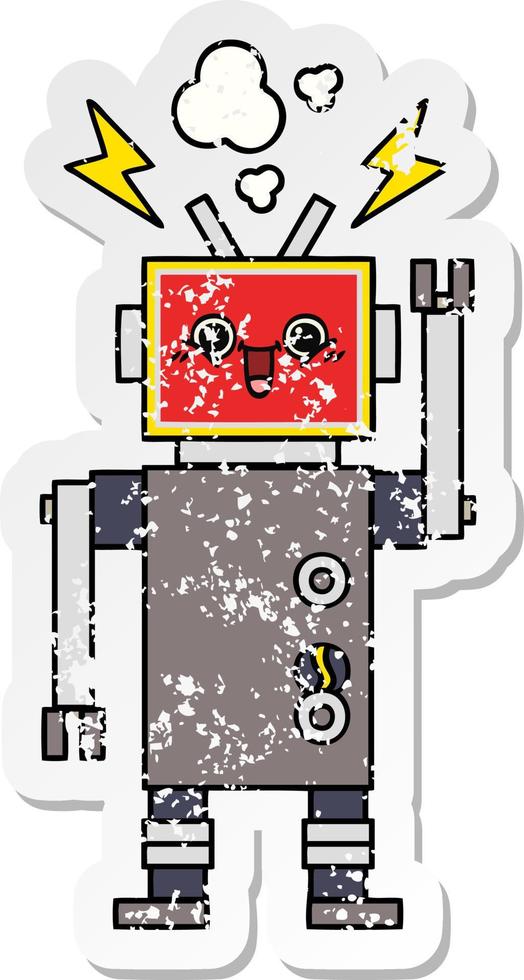 bedrövad klistermärke av en söt tecknad lycklig robot vektor