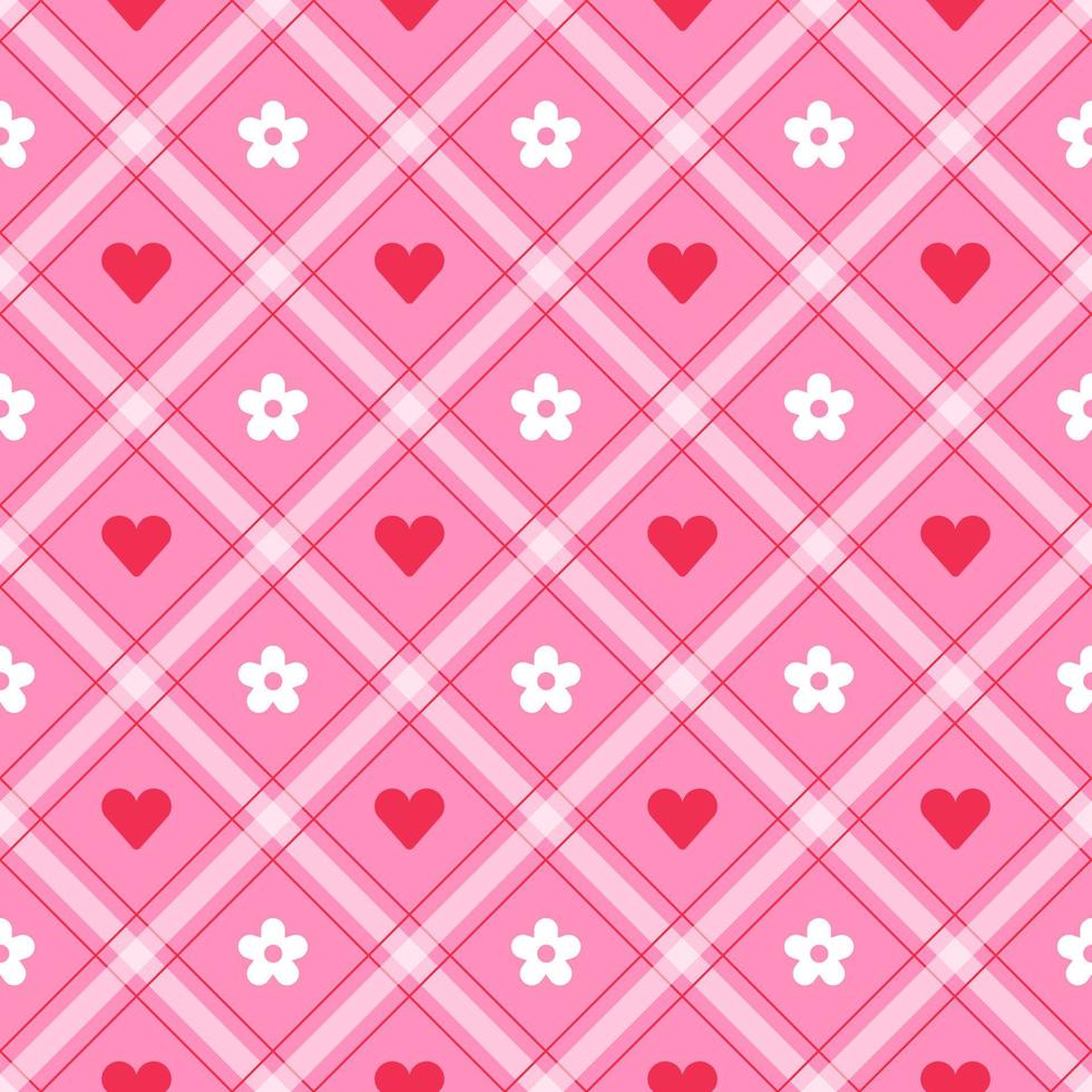 sött hjärta kärlek tusensköna blomma omtänksam alla hjärtans dag element röd rosa diagonal rand randig linje lutning rutig pläd tartan buffel scott gingham mönster bakgrund vektor tecknad illustration