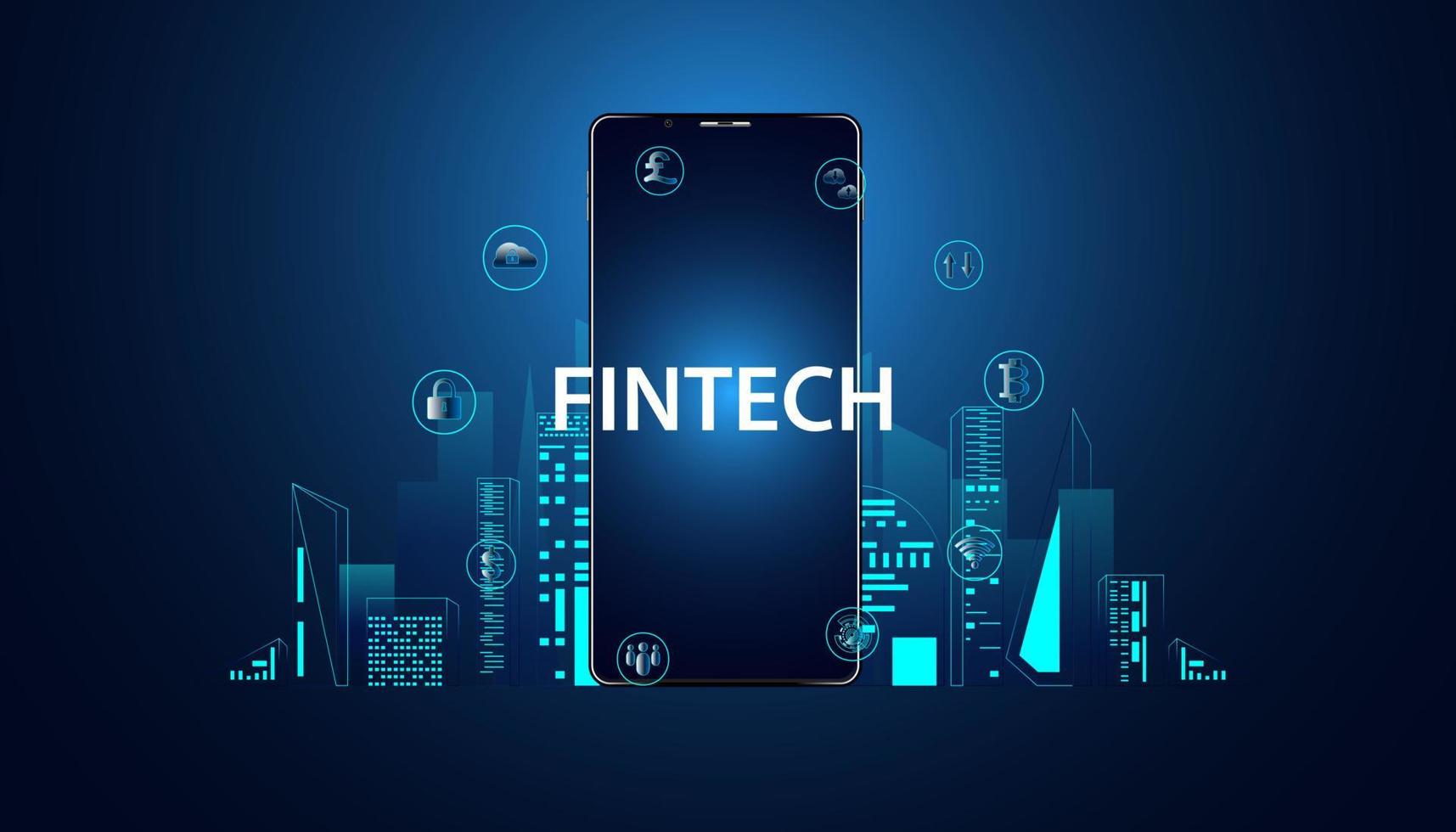 abstrakte fintech-finanztechnologie, die im finanzgeschäft auf einem modernen blauen hintergrundkonzepttelefon und smart city und symbolen fintech-geschäft angewendet wird, futuristisch. vektor