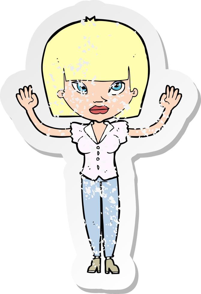 Retro-Distressed-Aufkleber einer Cartoon-Frau mit erhobenen Händen vektor