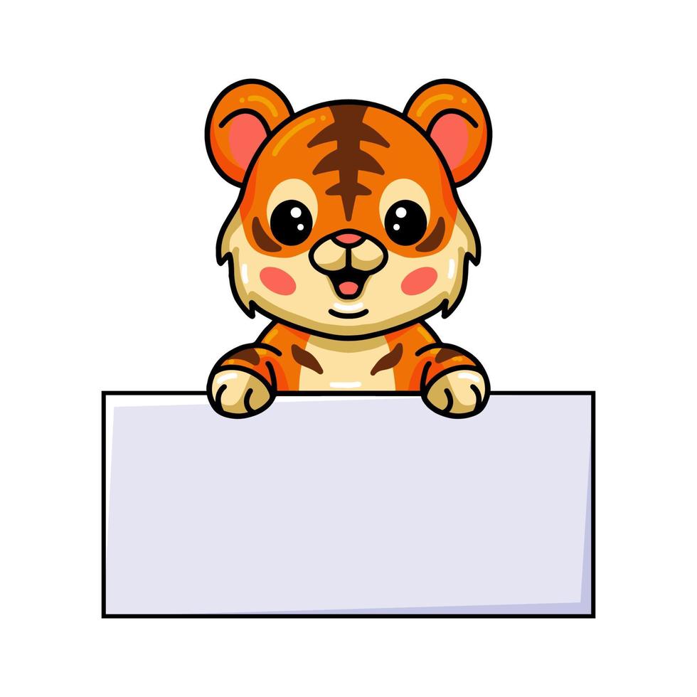 söt baby tiger tecknad med tom skylt vektor