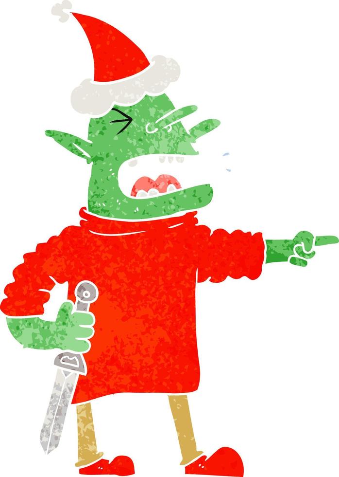 Retro-Karikatur eines Kobolds mit Messer und Weihnachtsmütze vektor