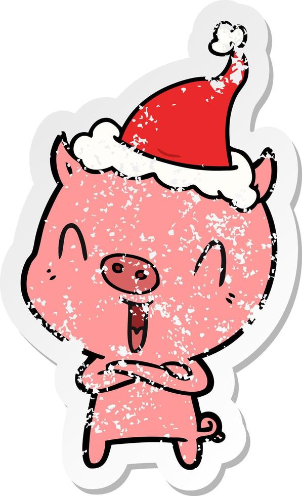 glad nödställd klistermärke tecknad av en gris som bär tomtehatt vektor