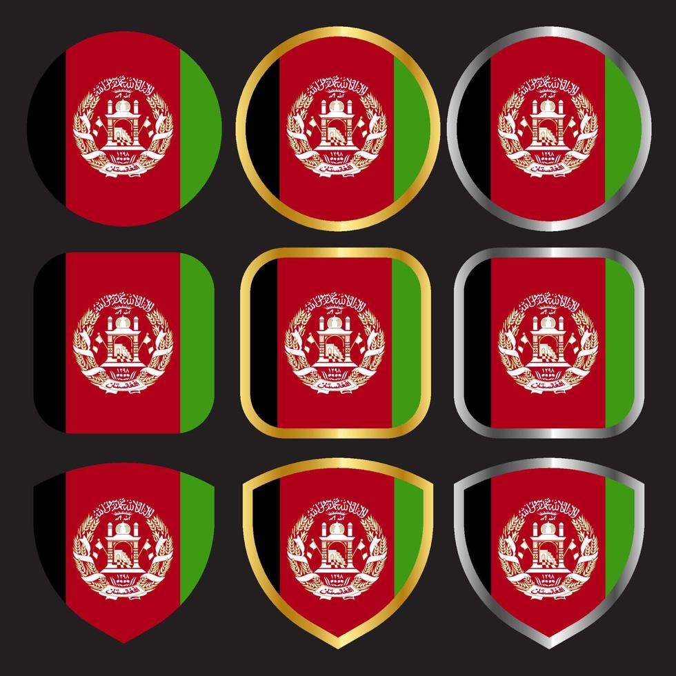 Afghanistan flagga vektor ikonuppsättning med guld och silver kant