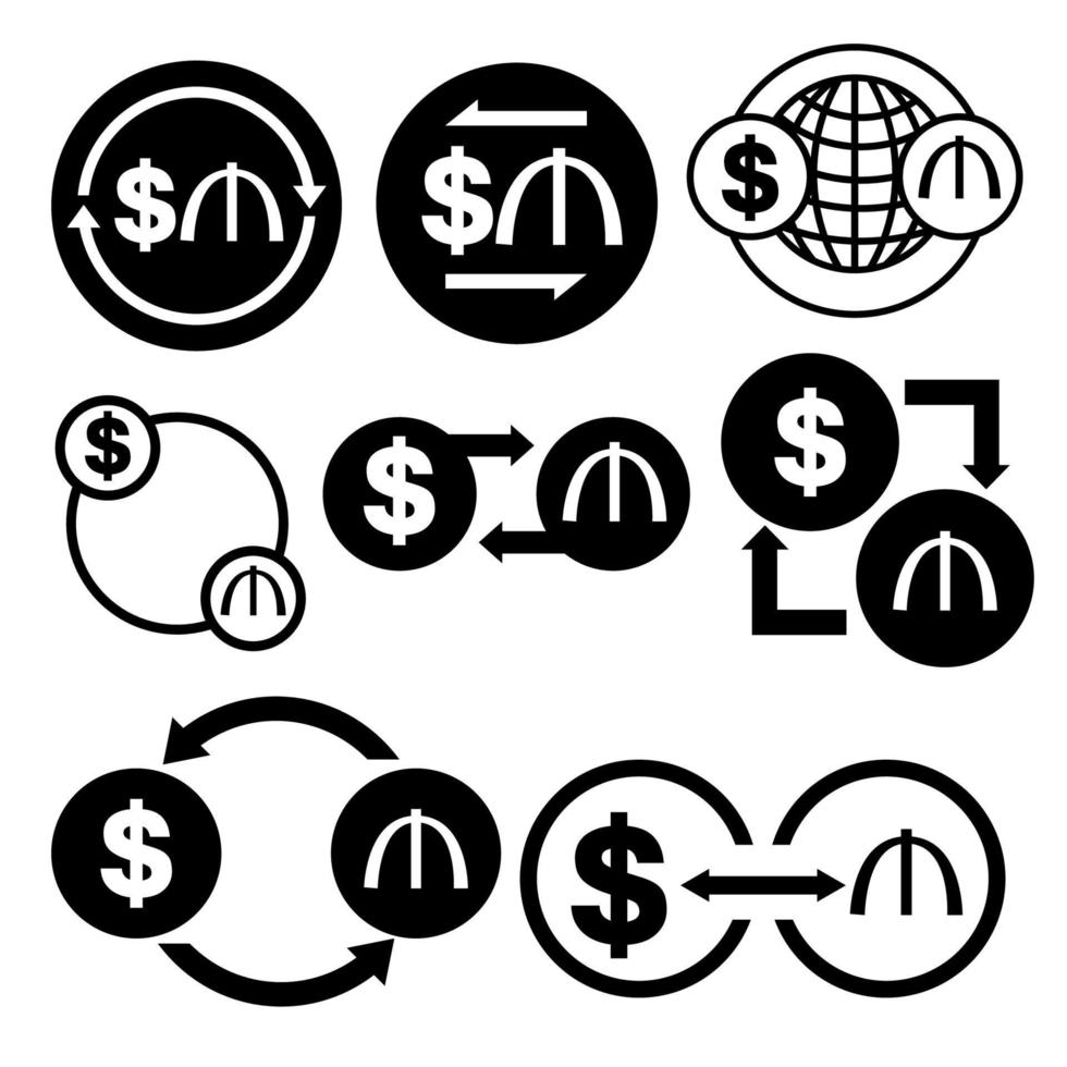 svarta och vita pengar konvertera ikonen från dollar till manat vektor bunt set