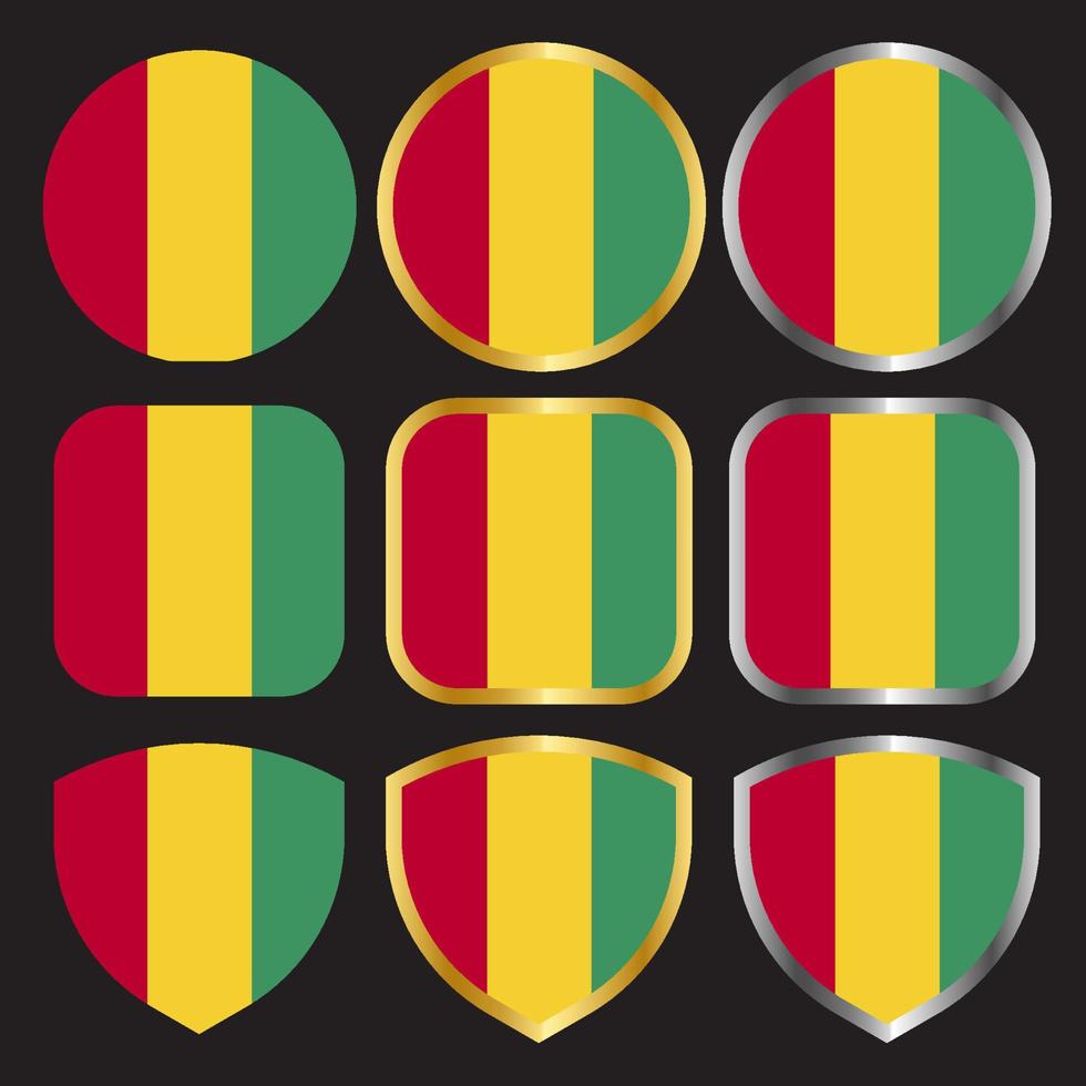 Guinea flagga vektor ikonuppsättning med guld och silver kant