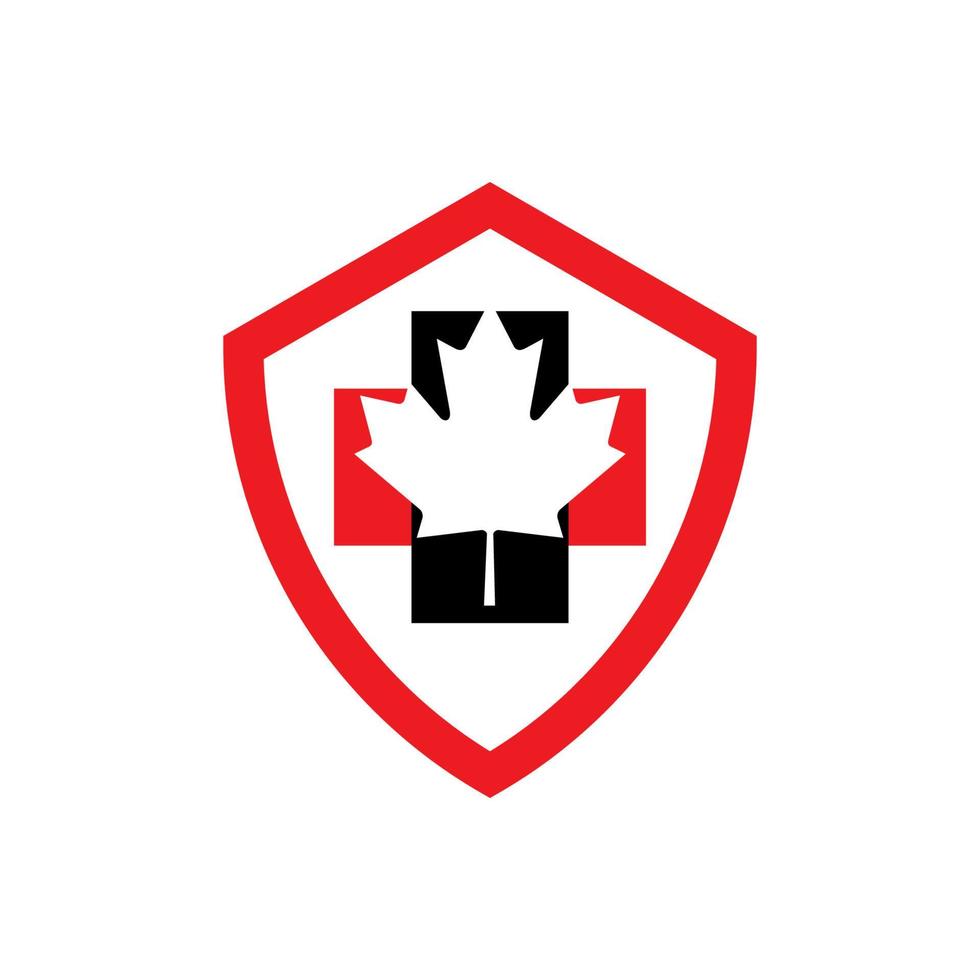 röd och svart sköld sjukvård logotyp med kors och lönnlöv vektor