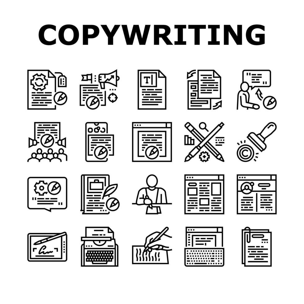 Copywriting-Content-Strategie-Icons setzen Vektor