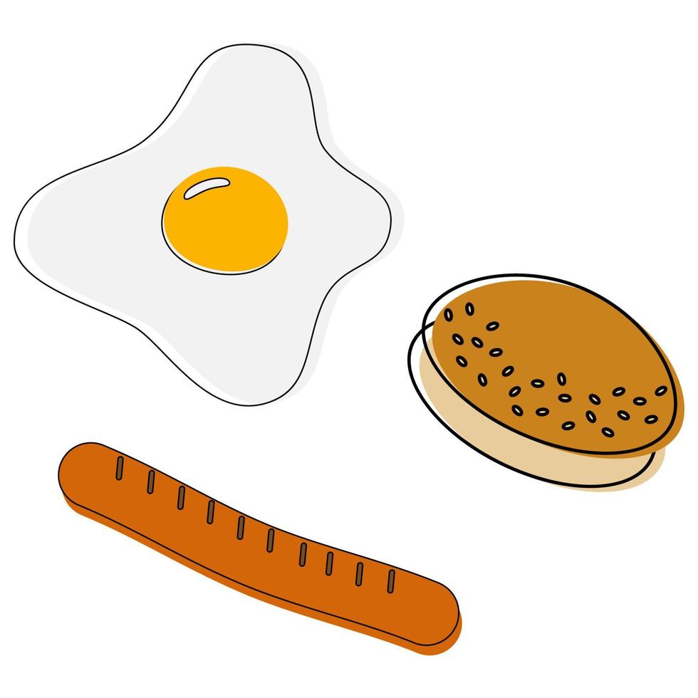 ett set med tre produkter till frukost. stekt ägg, bulle med sesamfrön, korv. snabbmat. vektor